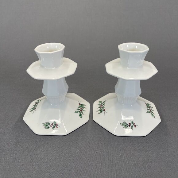Nikko Christmastime Candlestick Holders 3 7/8" Set of 2 Holly and Berries - Picture 2 of 8
